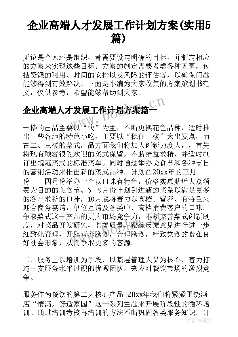 企业高端人才发展工作计划方案(实用5篇)