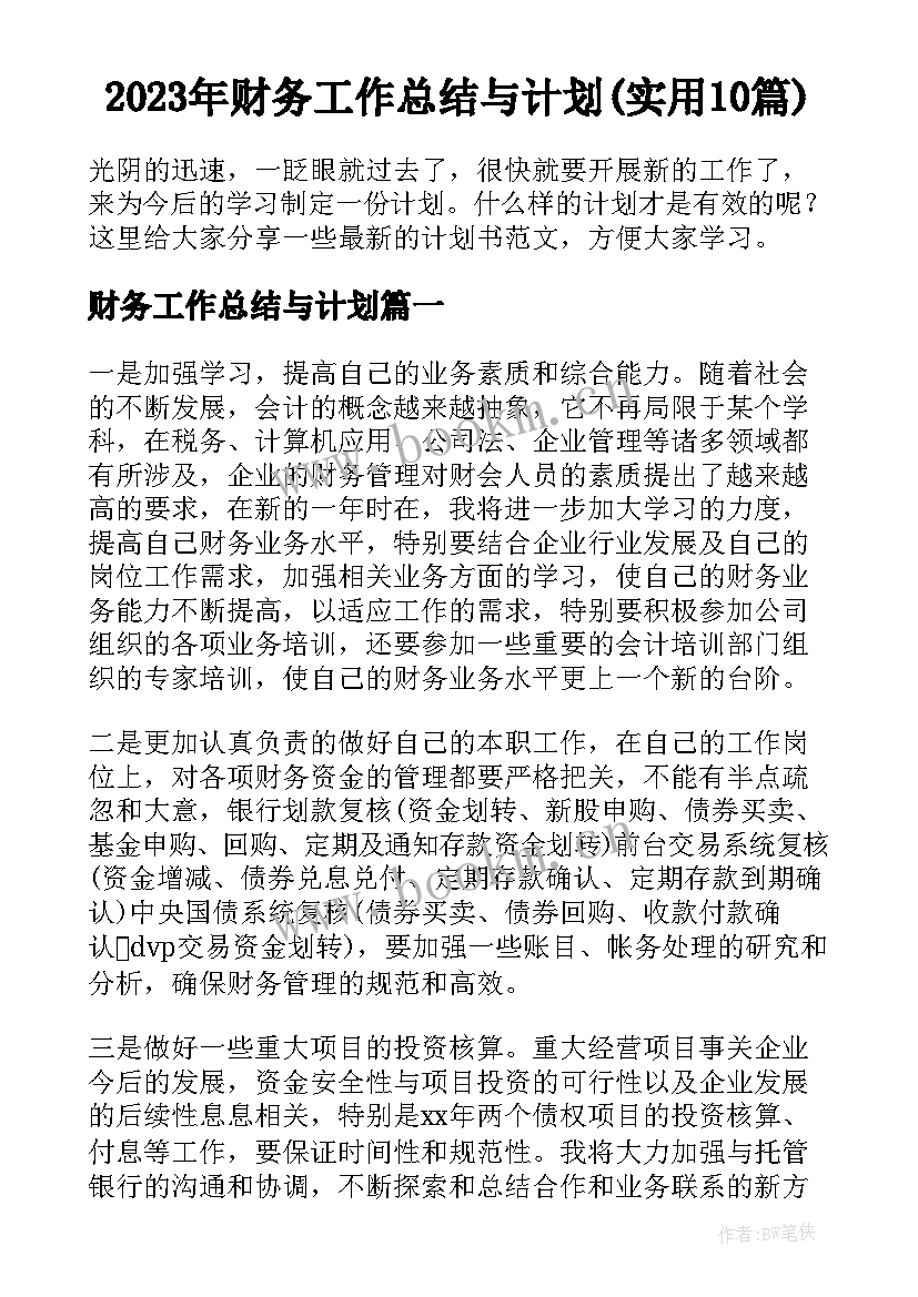 2023年财务工作总结与计划(实用10篇)