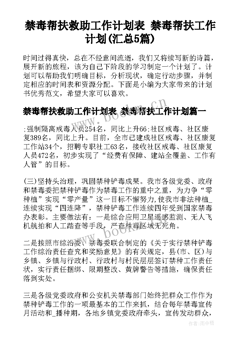 禁毒帮扶救助工作计划表 禁毒帮扶工作计划(汇总5篇)