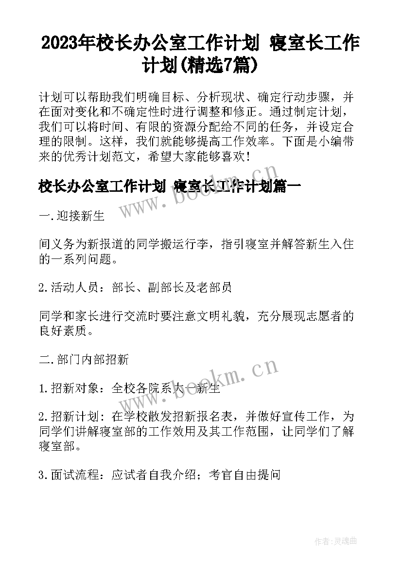 2023年校长办公室工作计划 寝室长工作计划(精选7篇)