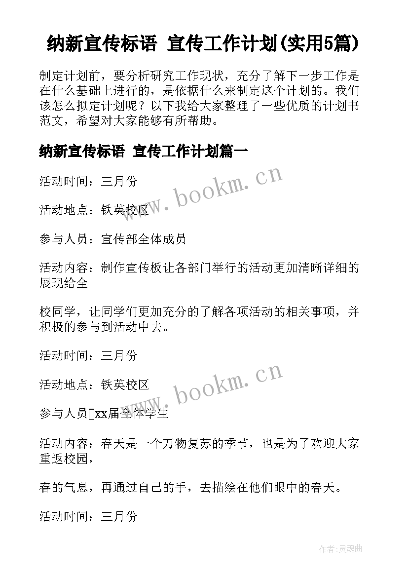 纳新宣传标语 宣传工作计划(实用5篇)