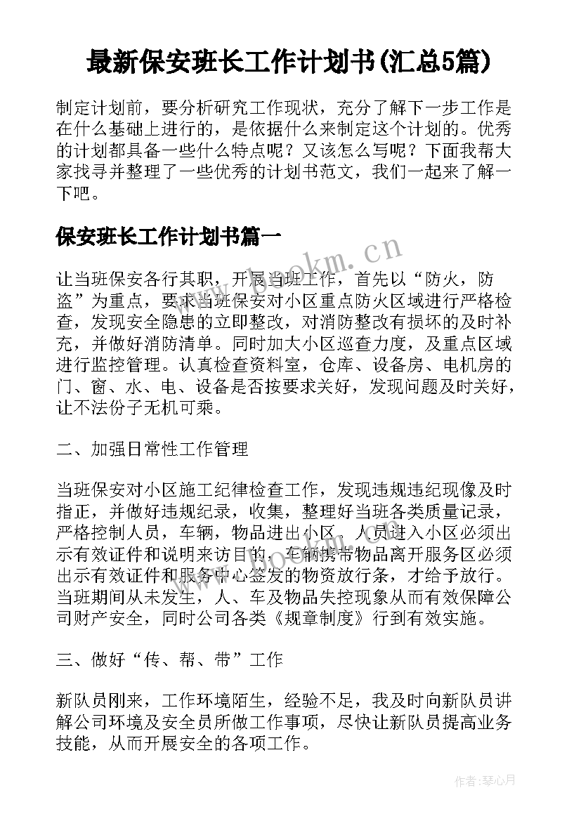 最新保安班长工作计划书(汇总5篇)