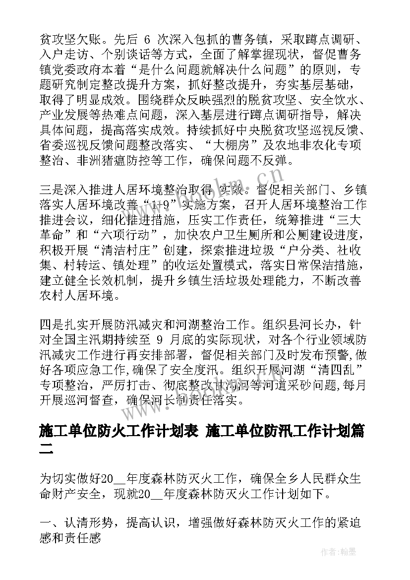 2023年施工单位防火工作计划表 施工单位防汛工作计划(实用5篇)