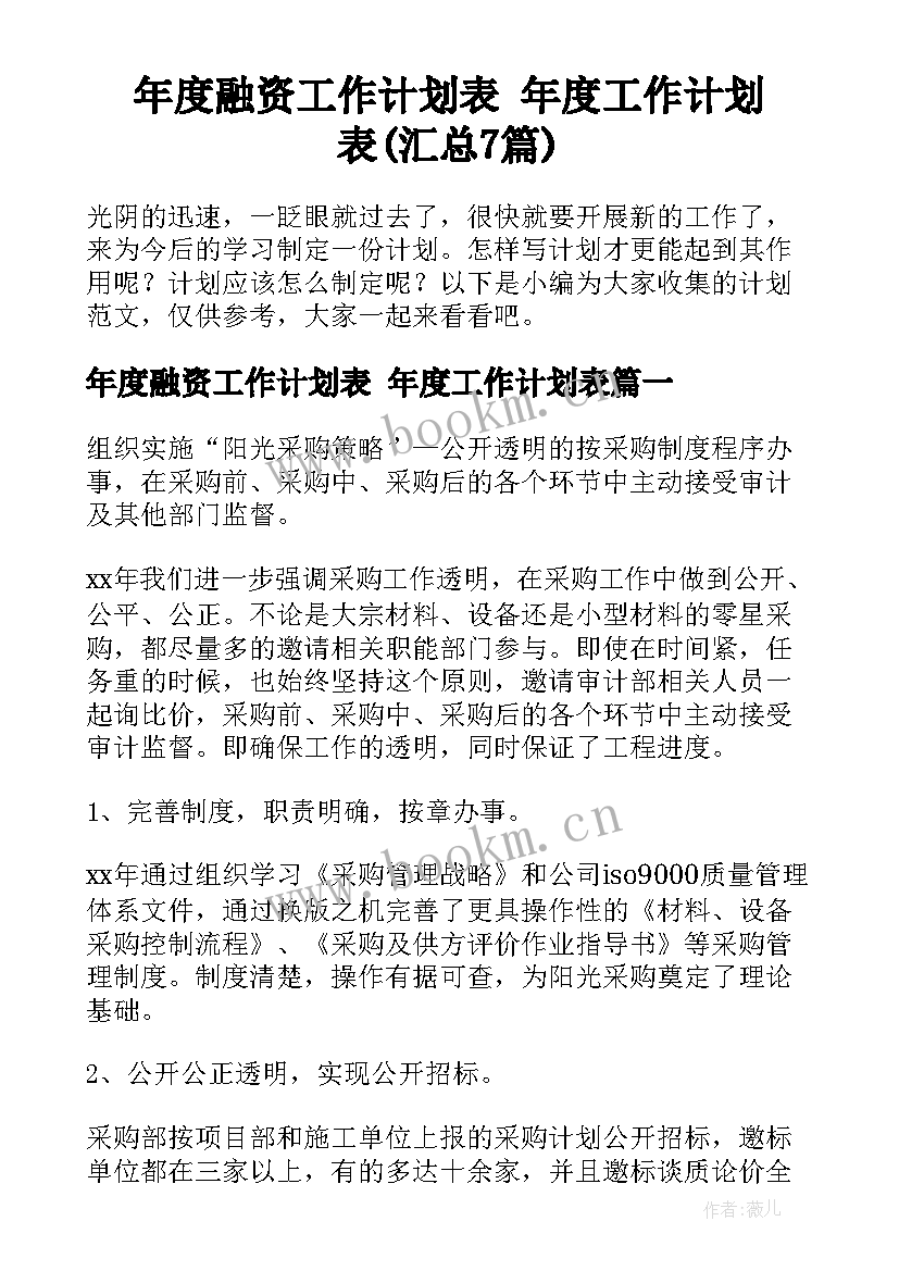 年度融资工作计划表 年度工作计划表(汇总7篇)