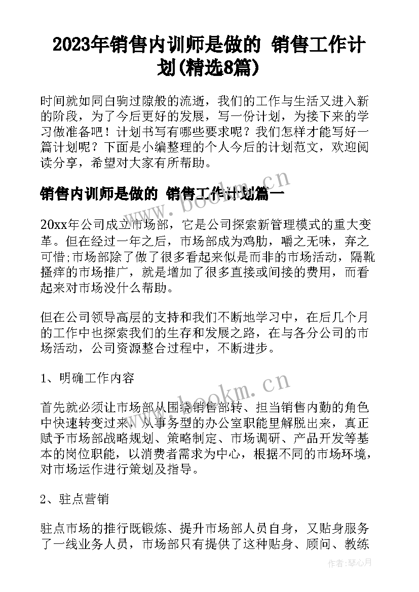 2023年销售内训师是做的 销售工作计划(精选8篇)