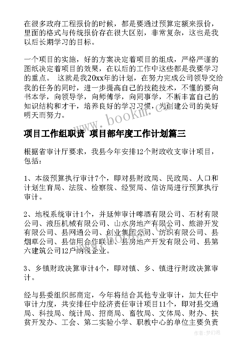 2023年项目工作组职责 项目部年度工作计划(通用7篇)