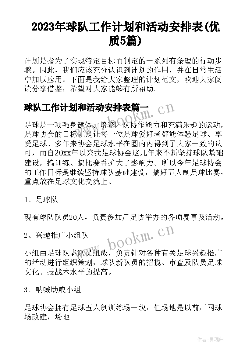 2023年球队工作计划和活动安排表(优质5篇)