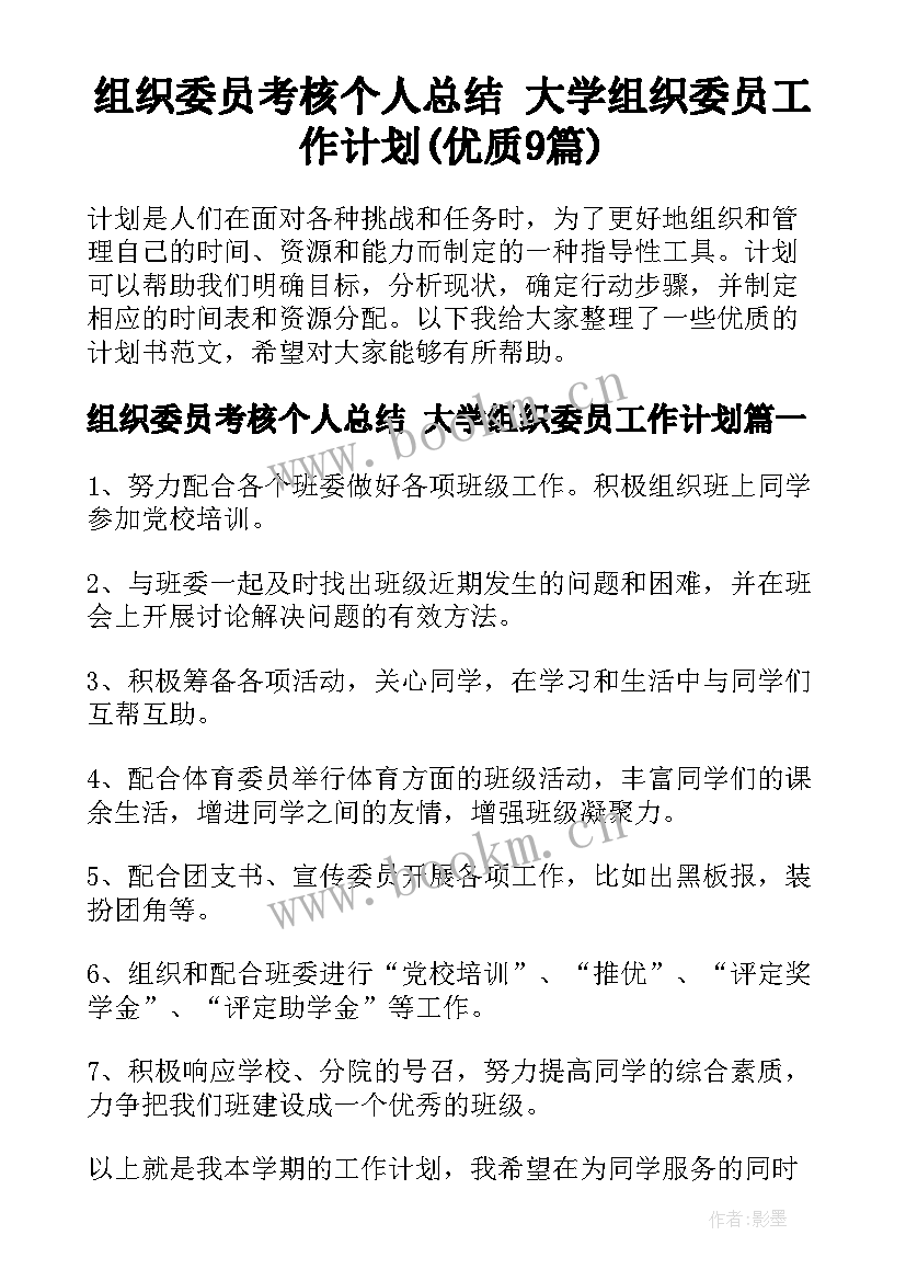 组织委员考核个人总结 大学组织委员工作计划(优质9篇)