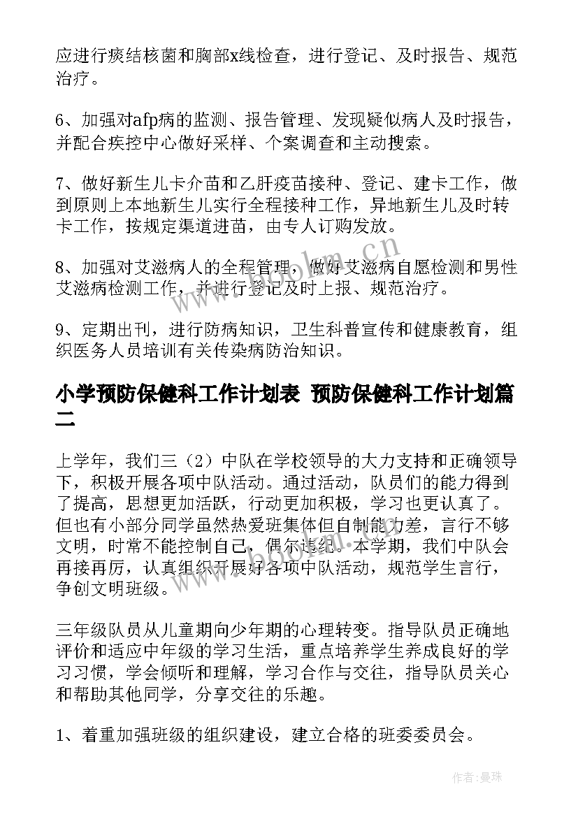 最新小学预防保健科工作计划表 预防保健科工作计划(模板7篇)