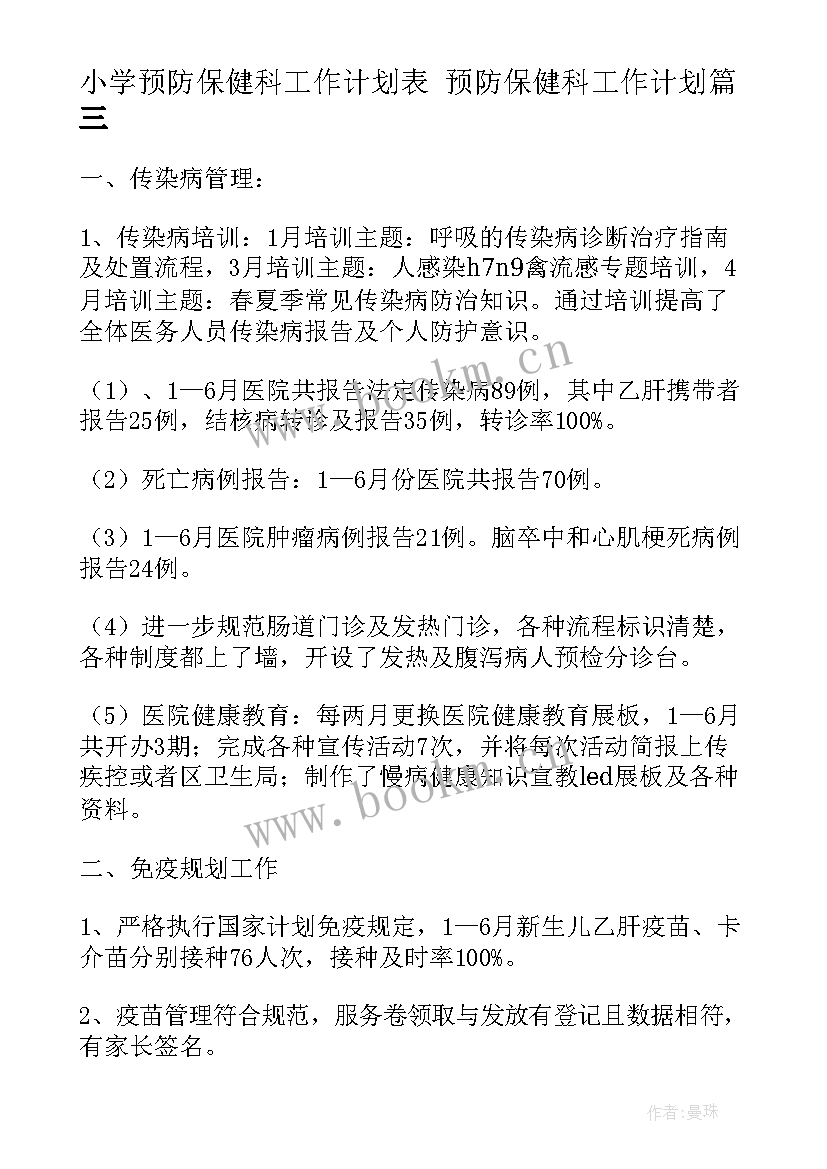 最新小学预防保健科工作计划表 预防保健科工作计划(模板7篇)