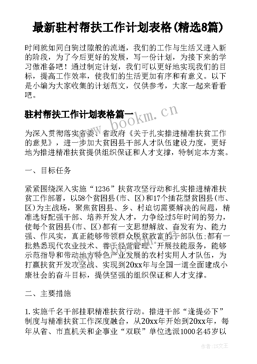 最新驻村帮扶工作计划表格(精选8篇)