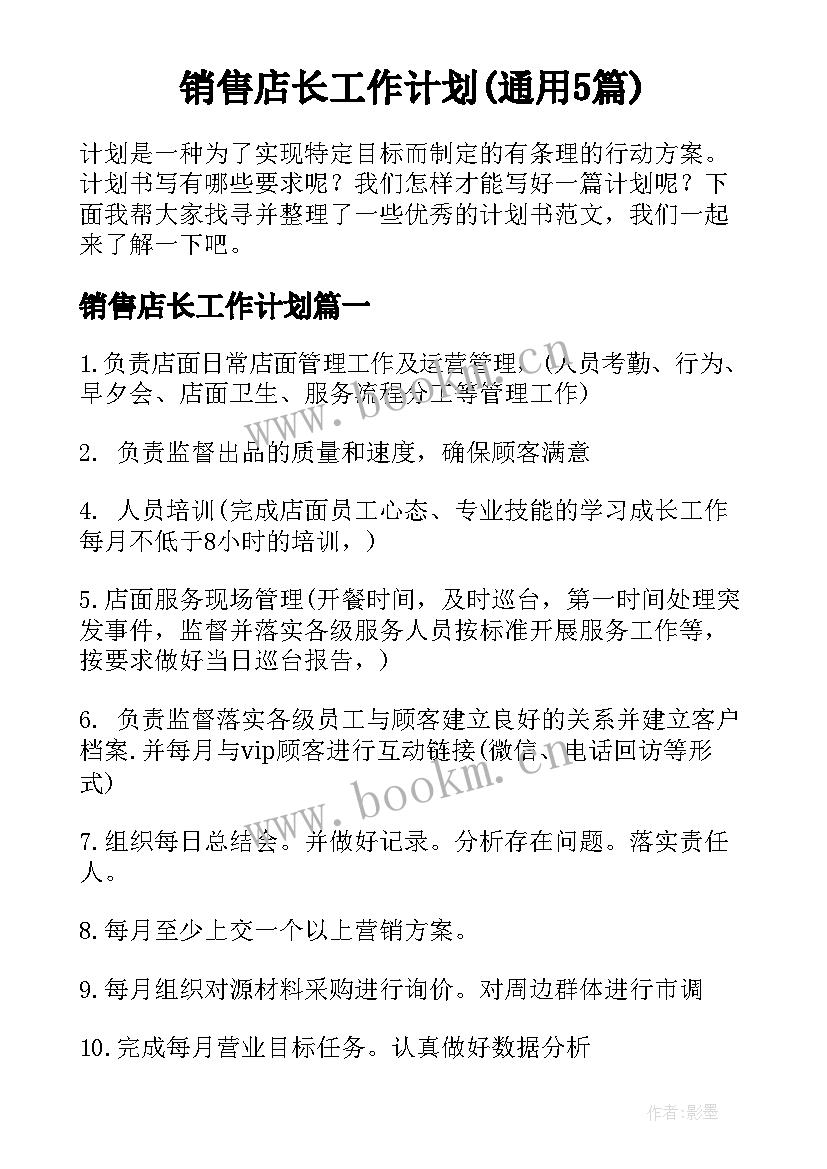 销售店长工作计划(通用5篇)