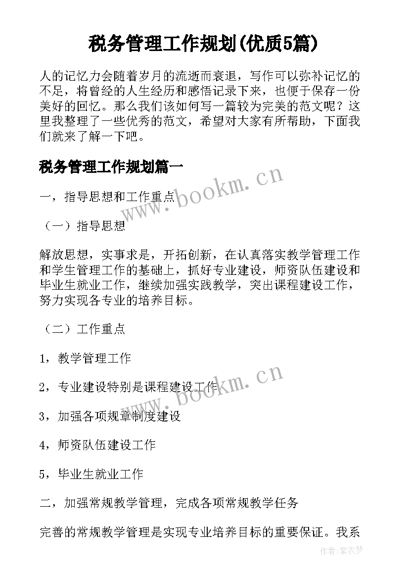 税务管理工作规划(优质5篇)