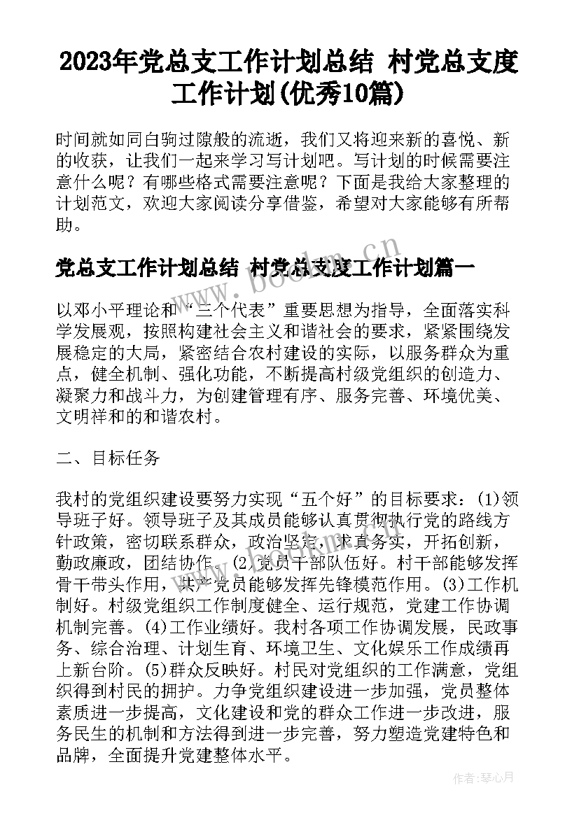 2023年党总支工作计划总结 村党总支度工作计划(优秀10篇)