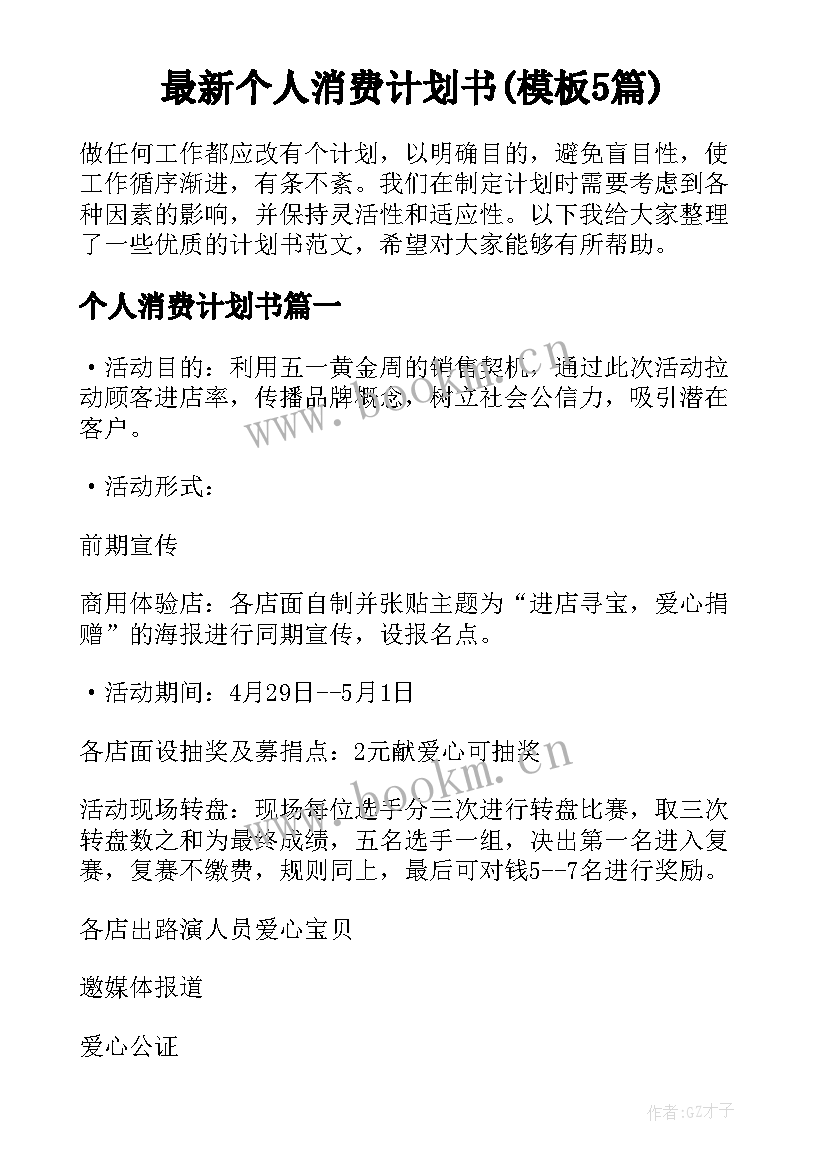 最新个人消费计划书(模板5篇)