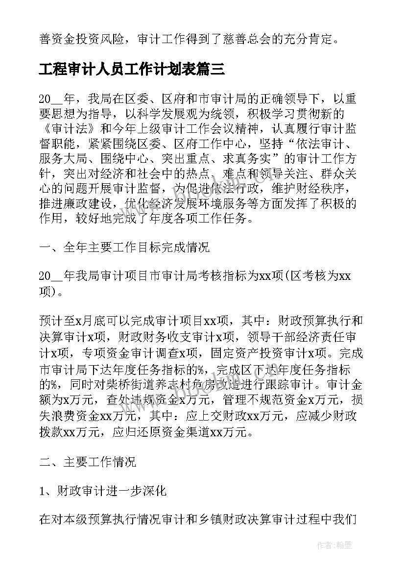 最新工程审计人员工作计划表(大全6篇)