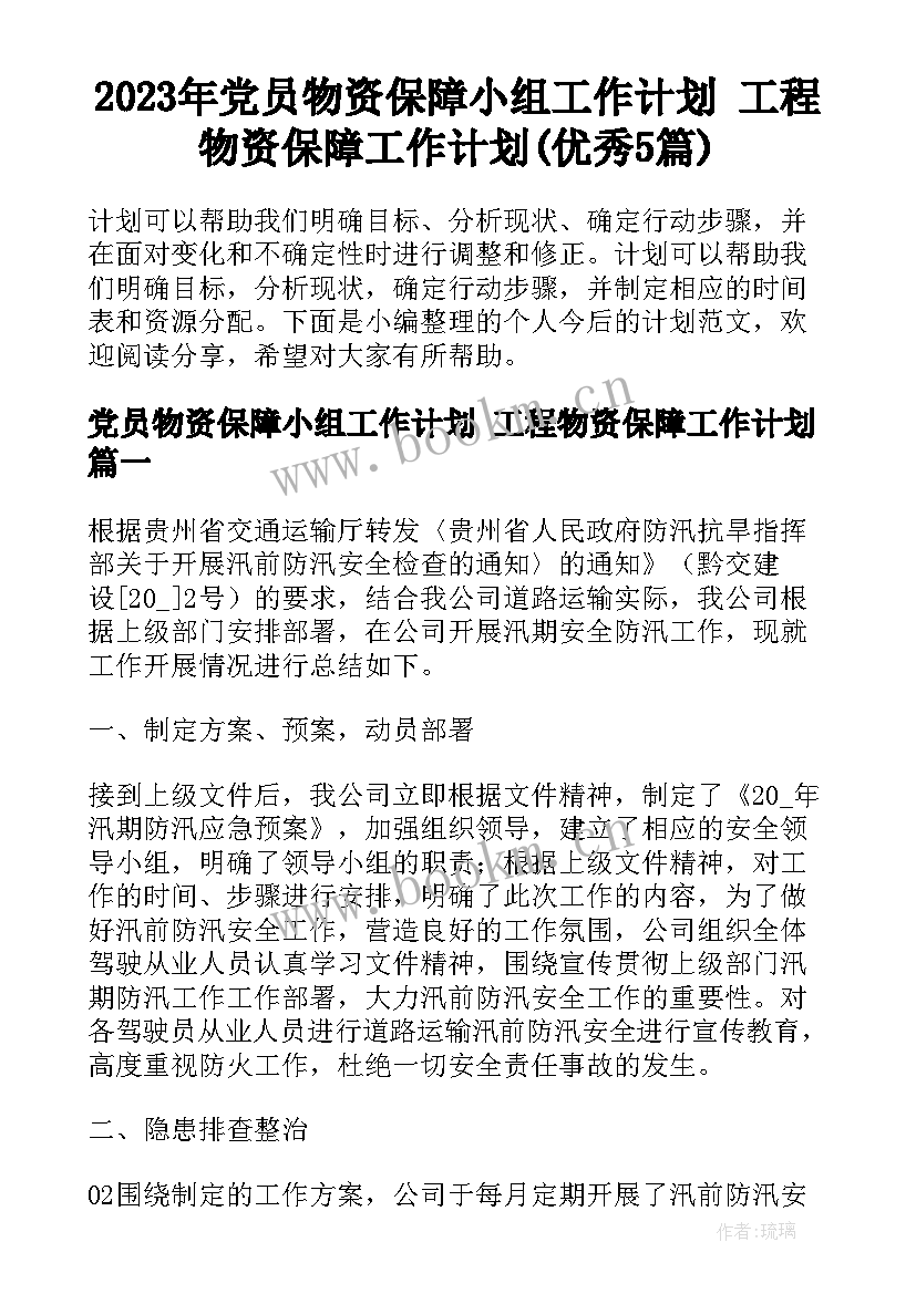 2023年党员物资保障小组工作计划 工程物资保障工作计划(优秀5篇)