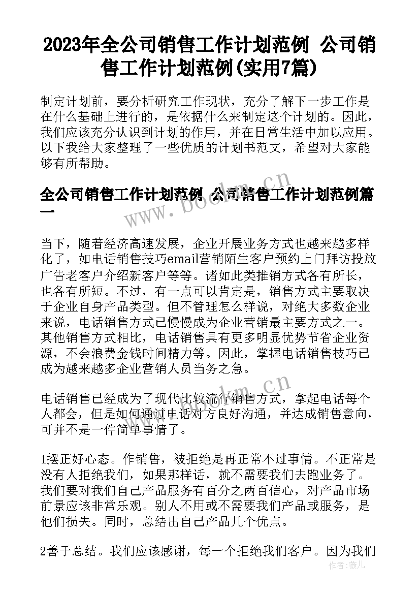 2023年全公司销售工作计划范例 公司销售工作计划范例(实用7篇)