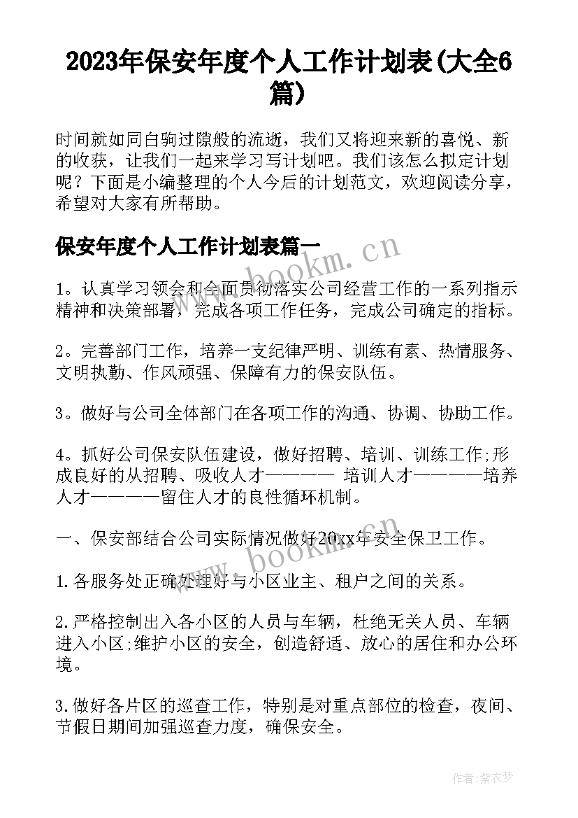 2023年保安年度个人工作计划表(大全6篇)