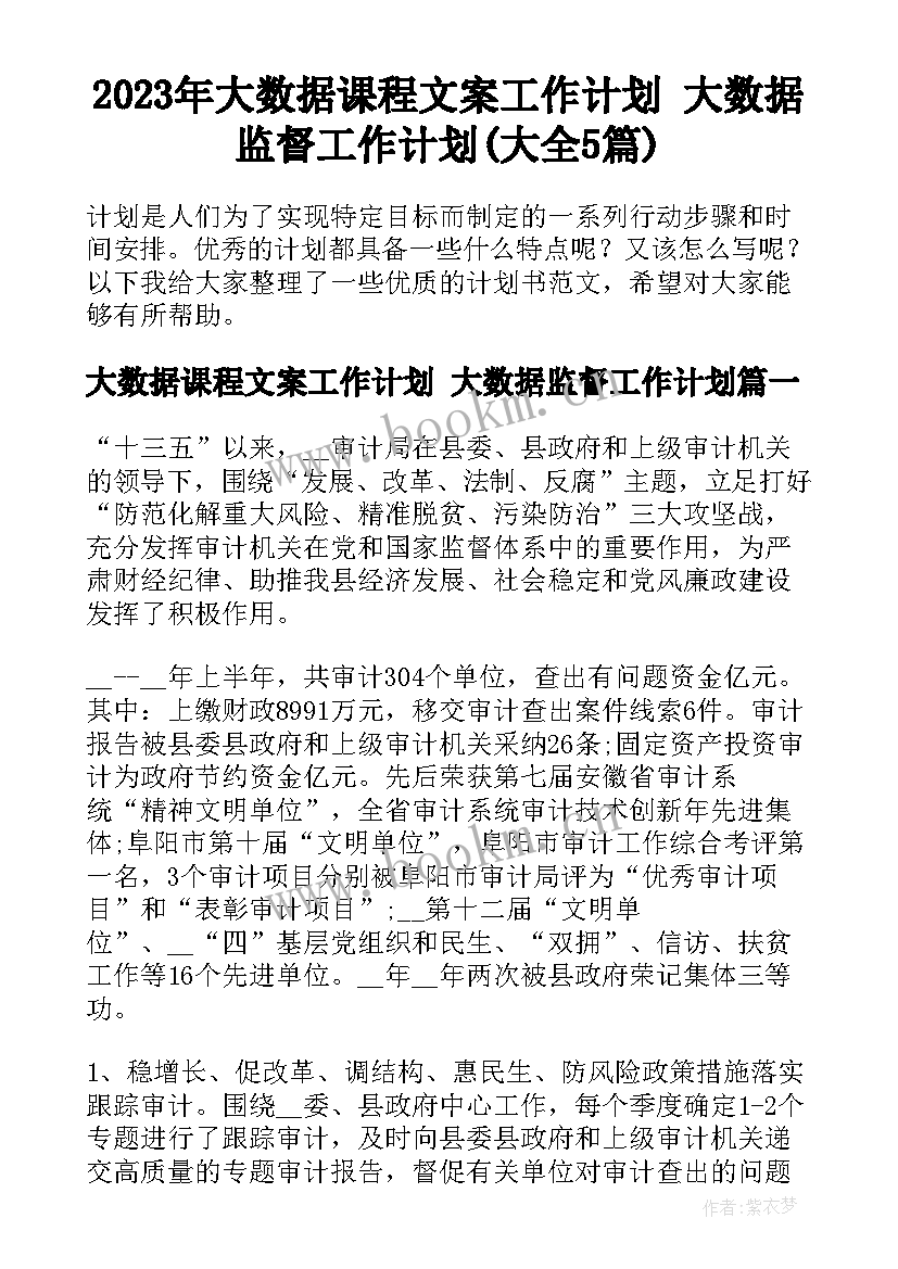 2023年大数据课程文案工作计划 大数据监督工作计划(大全5篇)