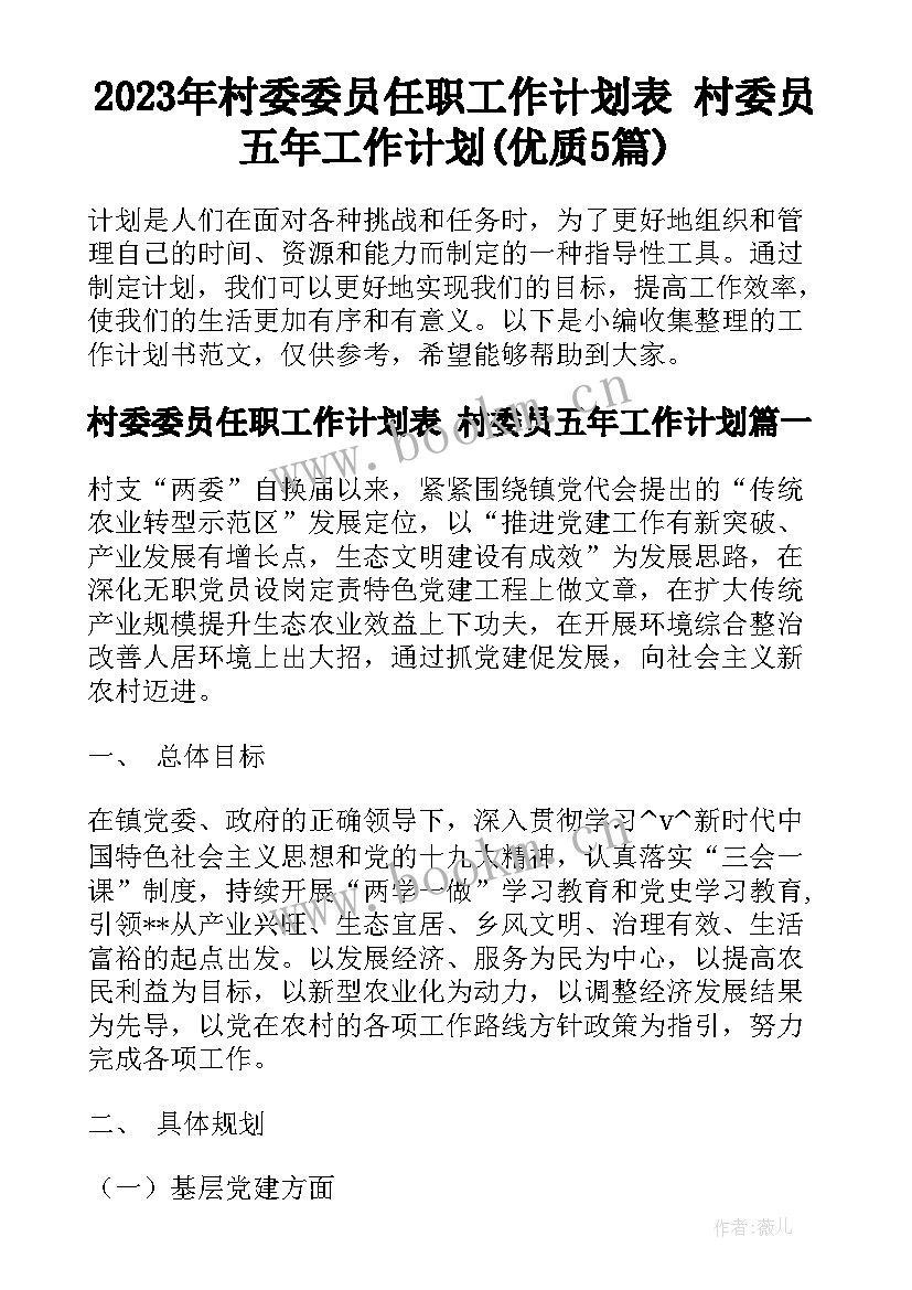 2023年村委委员任职工作计划表 村委员五年工作计划(优质5篇)