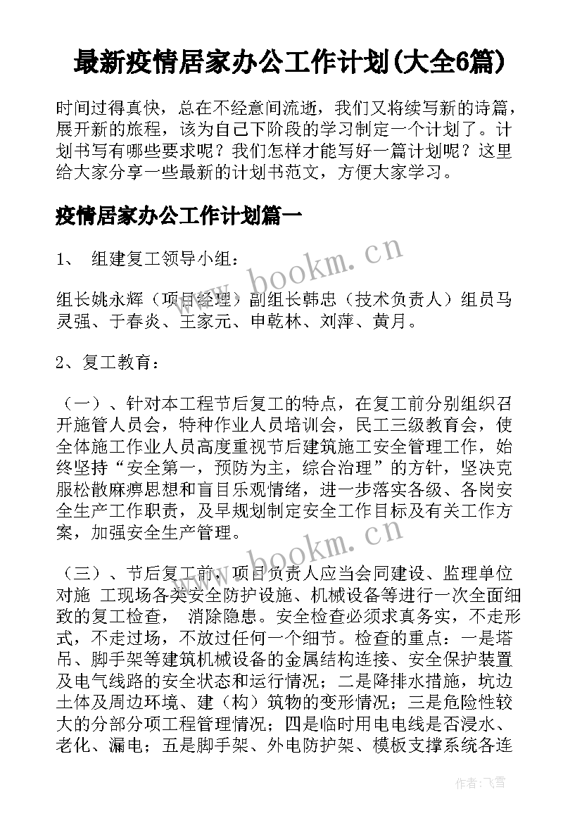 最新疫情居家办公工作计划(大全6篇)