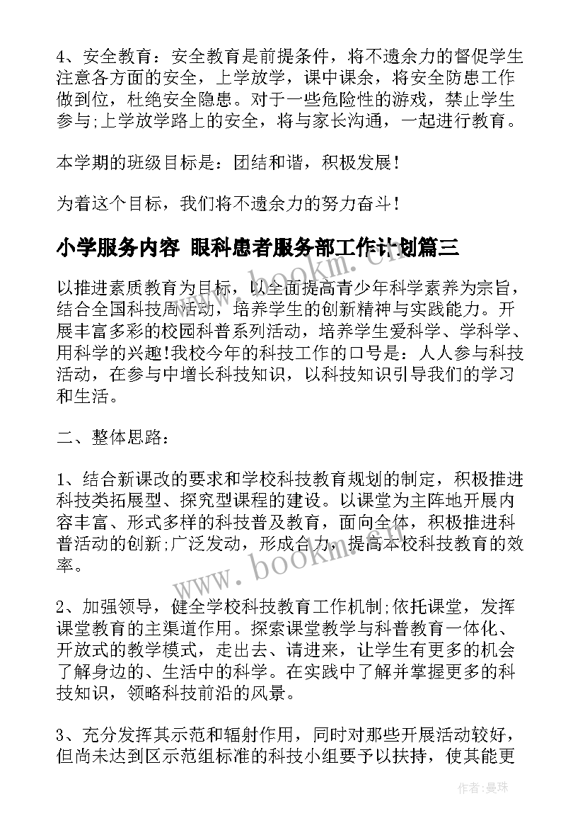 2023年小学服务内容 眼科患者服务部工作计划(模板8篇)