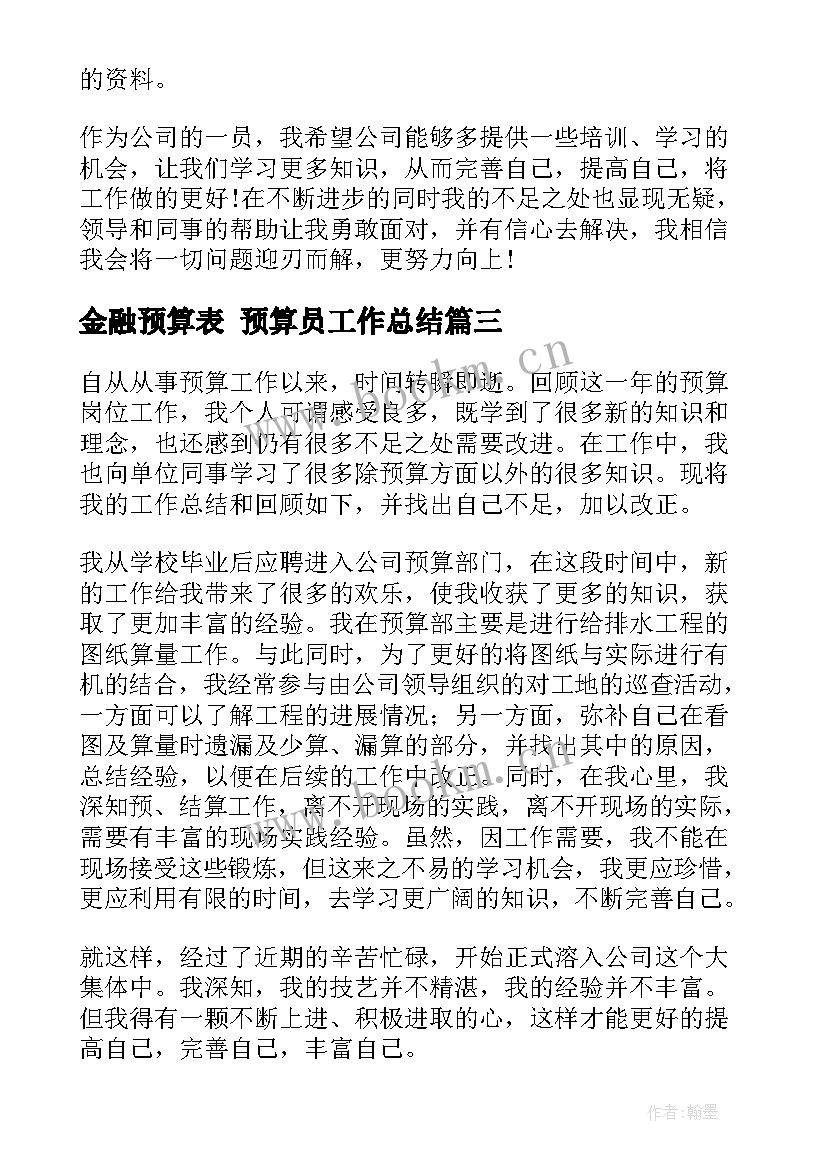 最新金融预算表 预算员工作总结(精选5篇)