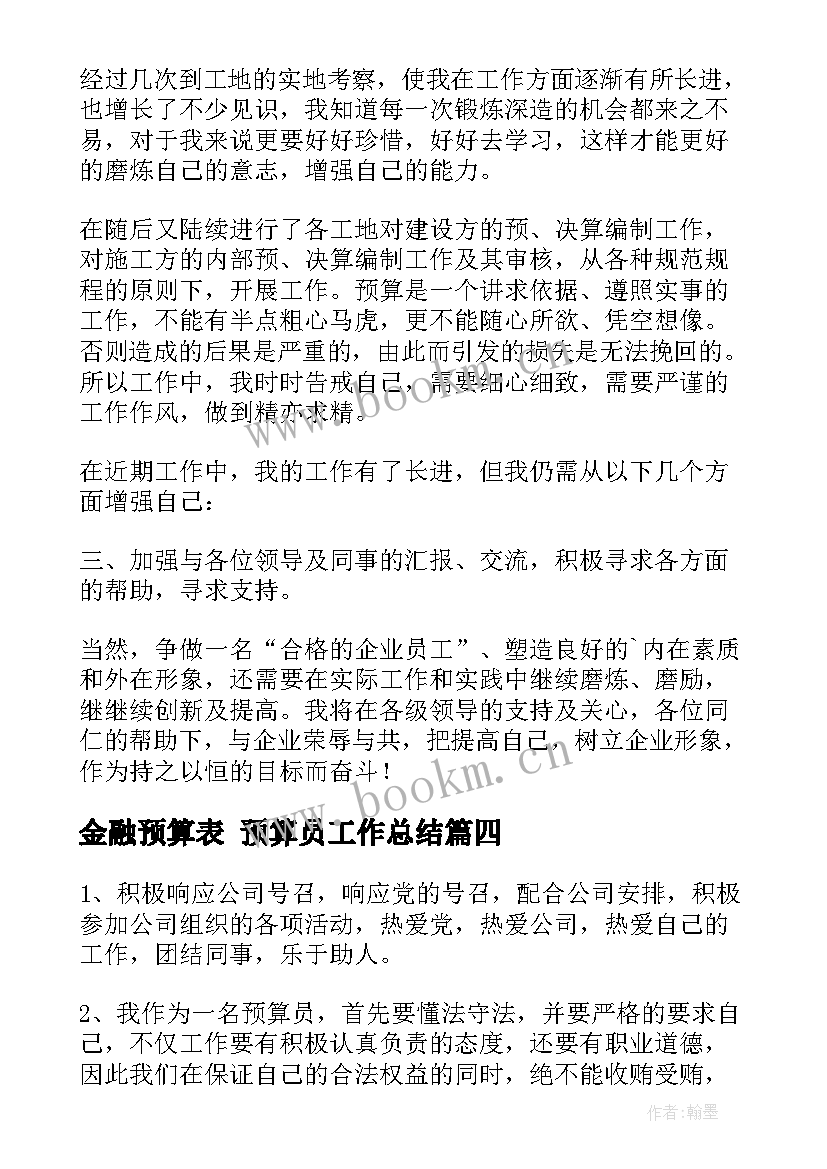 最新金融预算表 预算员工作总结(精选5篇)