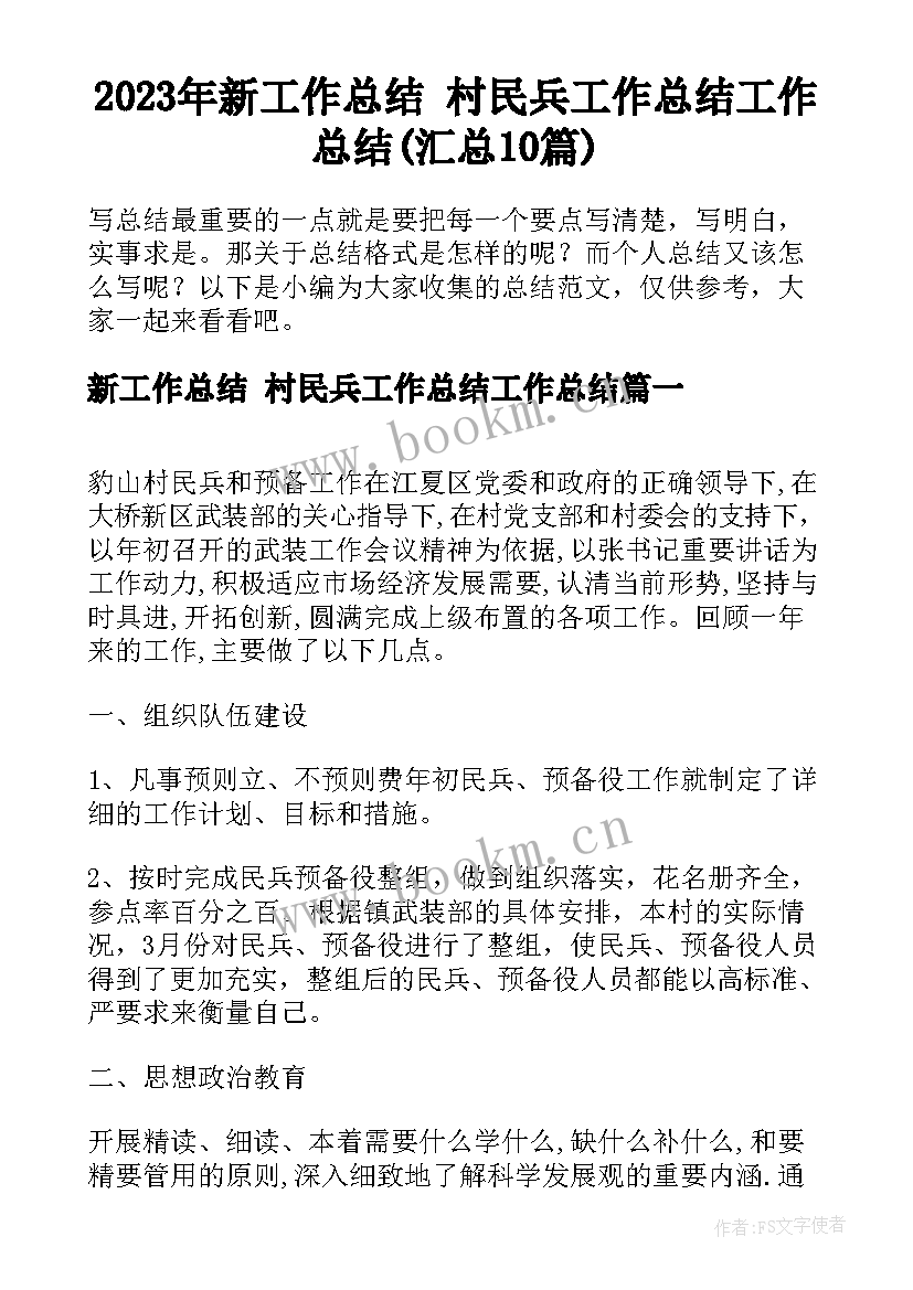 2023年新工作总结 村民兵工作总结工作总结(汇总10篇)