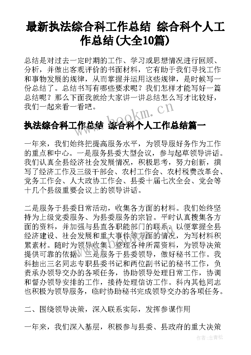 最新执法综合科工作总结 综合科个人工作总结(大全10篇)