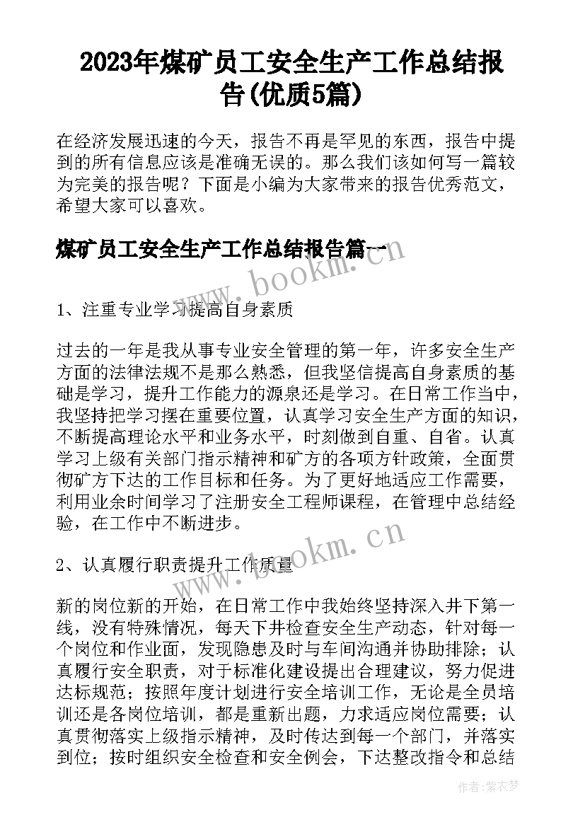 2023年煤矿员工安全生产工作总结报告(优质5篇)