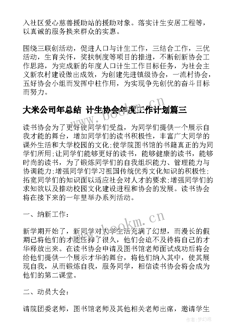 最新大米公司年总结 计生协会年度工作计划(通用7篇)