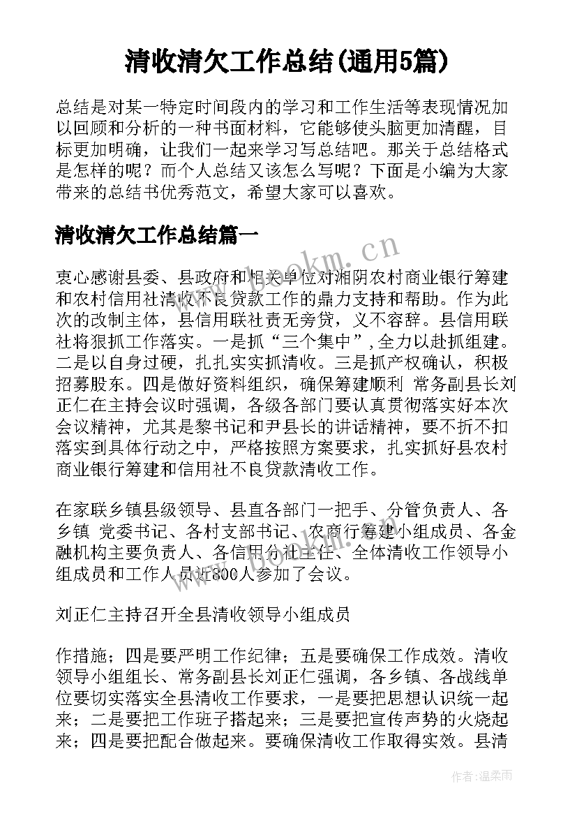 清收清欠工作总结(通用5篇)