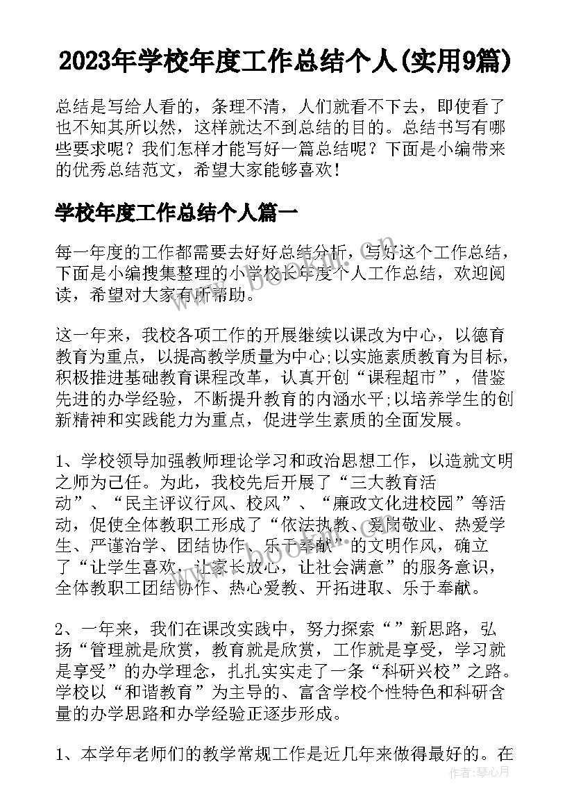 2023年学校年度工作总结个人(实用9篇)