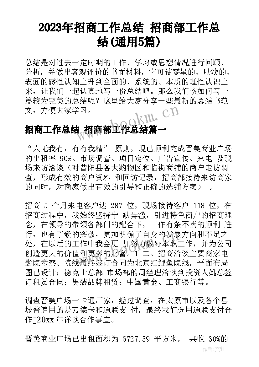 2023年招商工作总结 招商部工作总结(通用5篇)