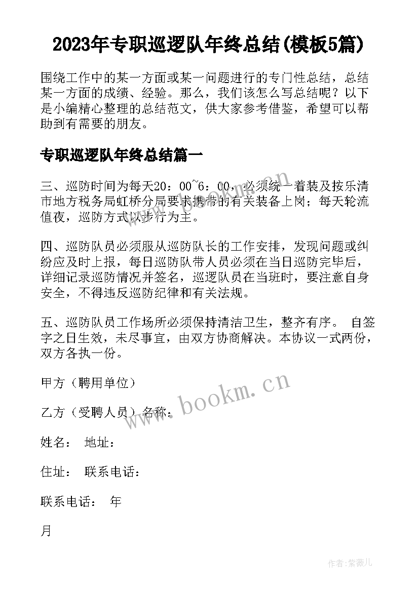 2023年专职巡逻队年终总结(模板5篇)