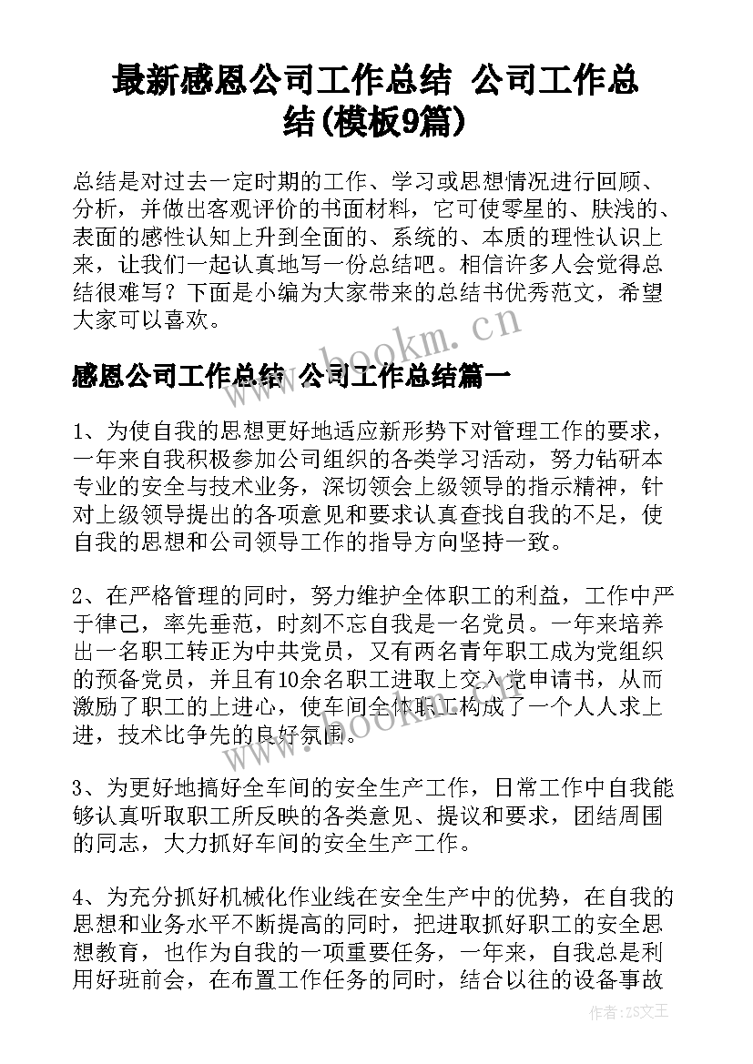 最新感恩公司工作总结 公司工作总结(模板9篇)