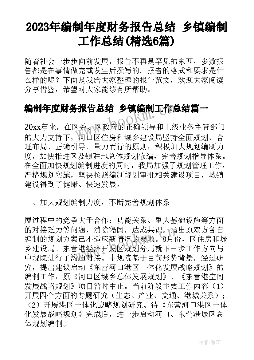 2023年编制年度财务报告总结 乡镇编制工作总结(精选6篇)