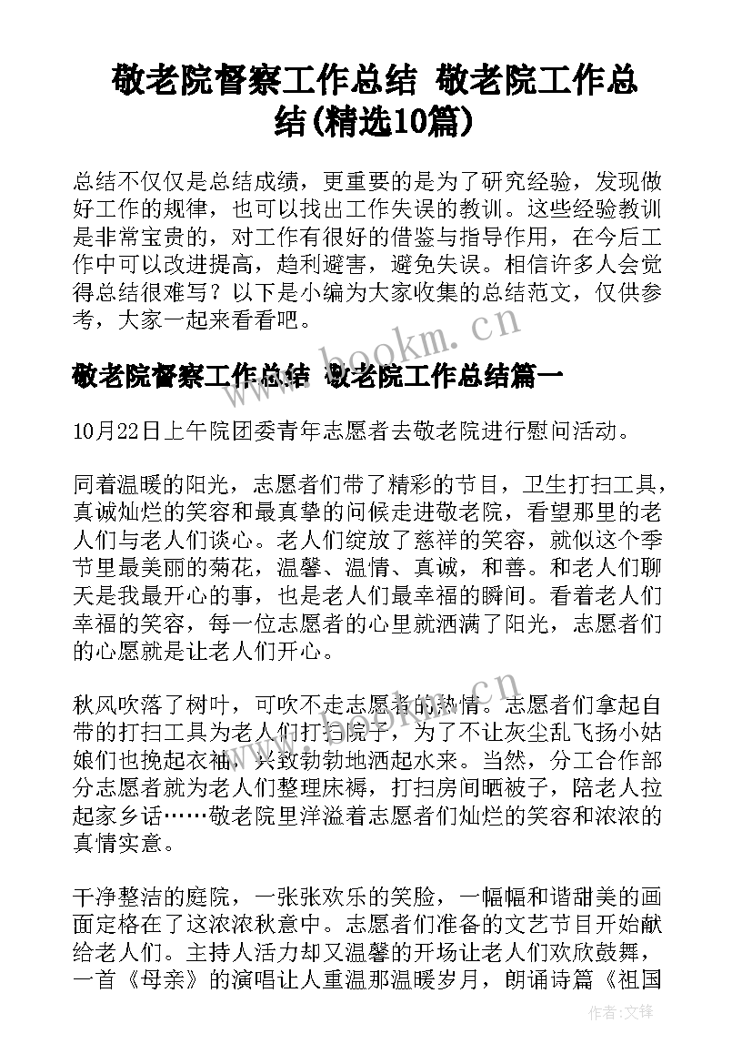 敬老院督察工作总结 敬老院工作总结(精选10篇)