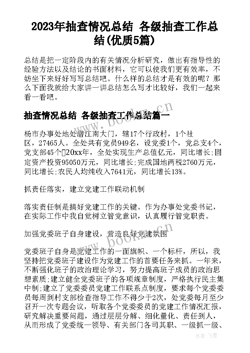 2023年抽查情况总结 各级抽查工作总结(优质5篇)