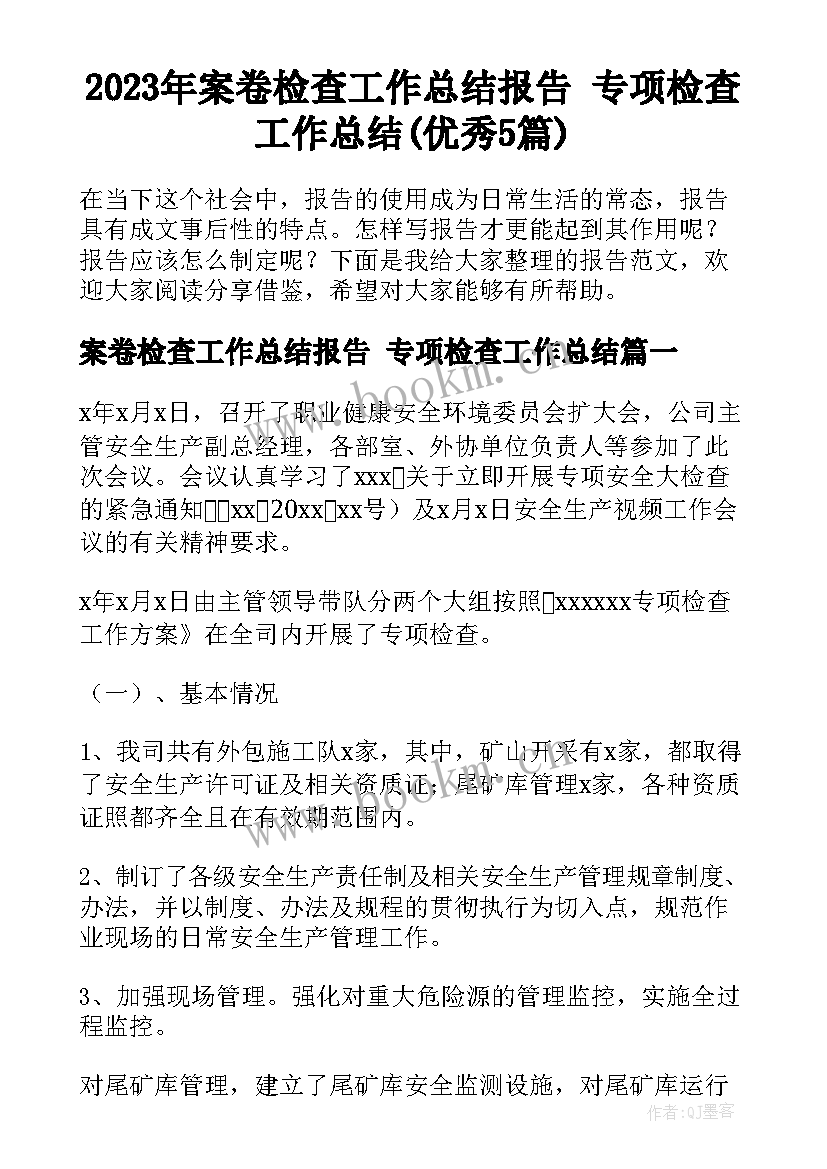 2023年案卷检查工作总结报告 专项检查工作总结(优秀5篇)