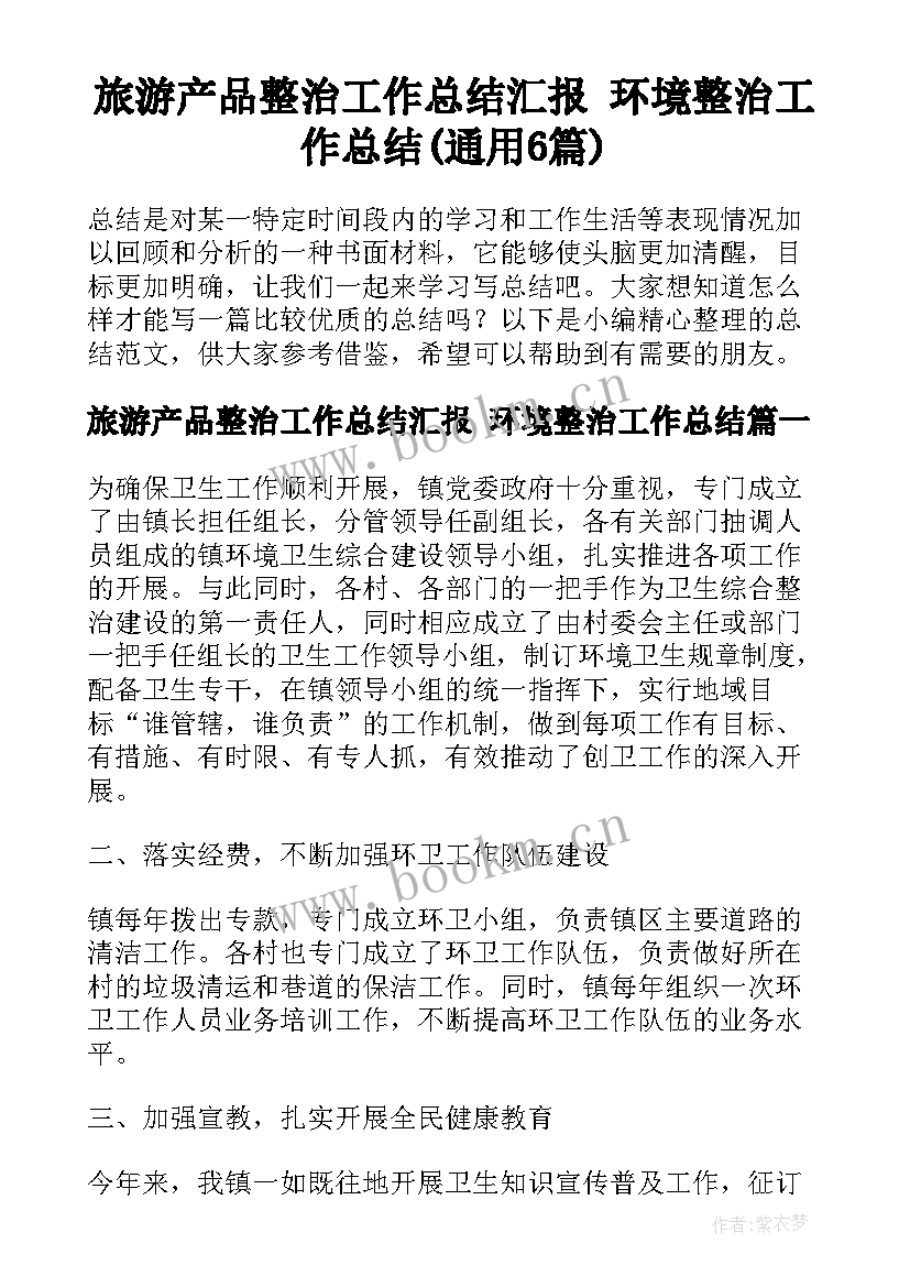 旅游产品整治工作总结汇报 环境整治工作总结(通用6篇)