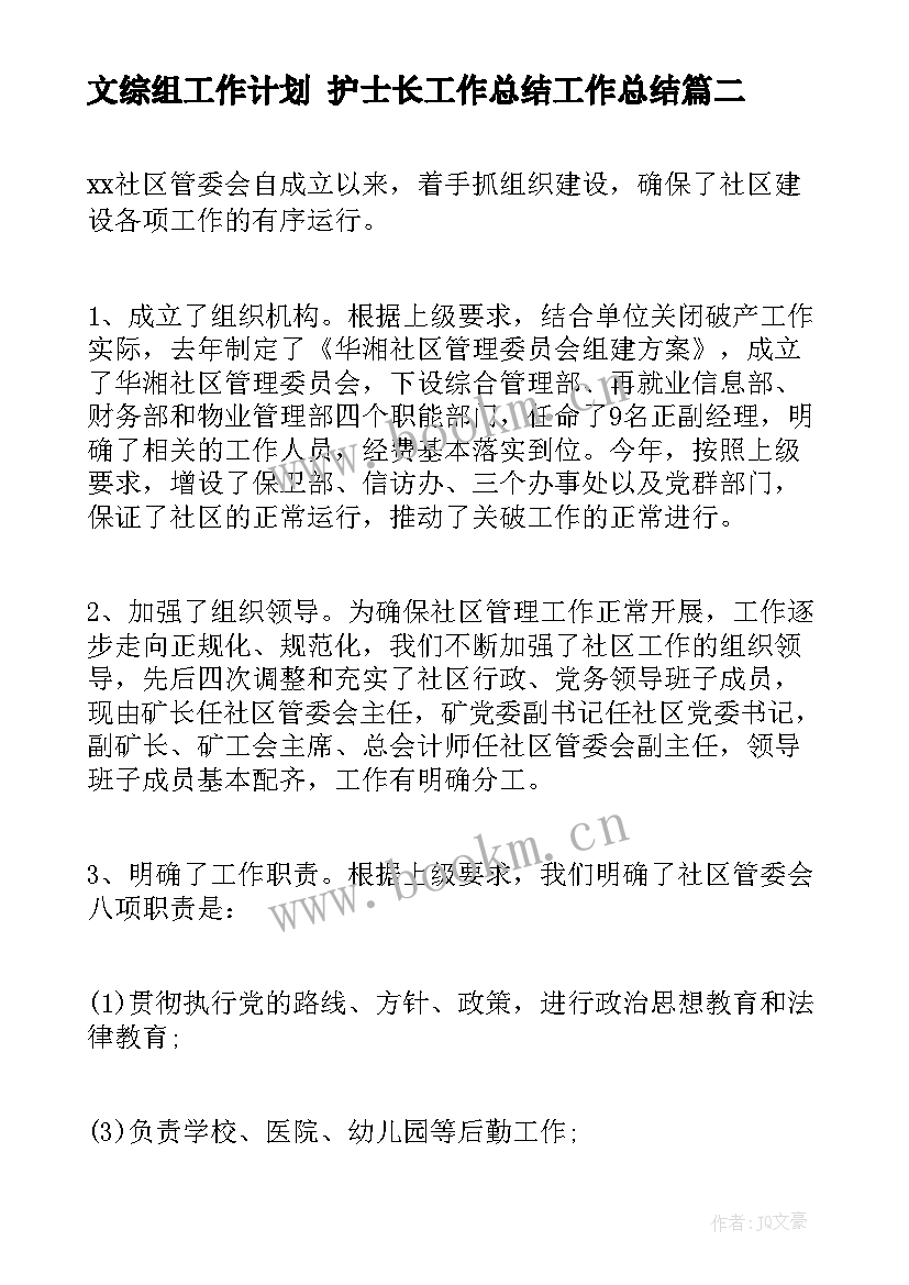 最新文综组工作计划 护士长工作总结工作总结(模板8篇)