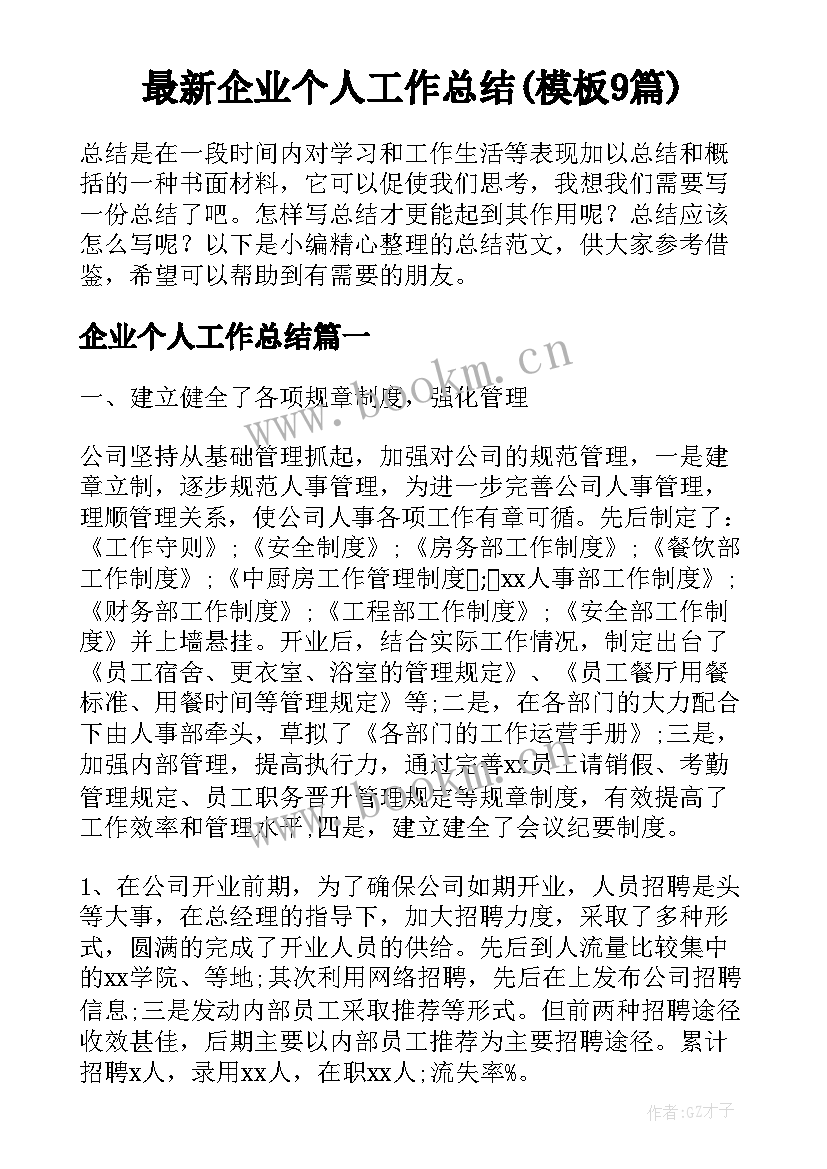 最新企业个人工作总结(模板9篇)