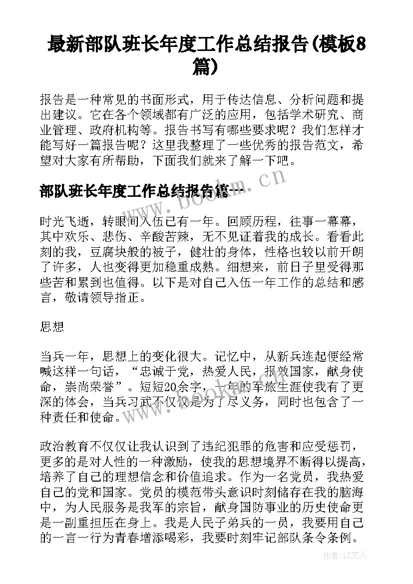 最新部队班长年度工作总结报告(模板8篇)