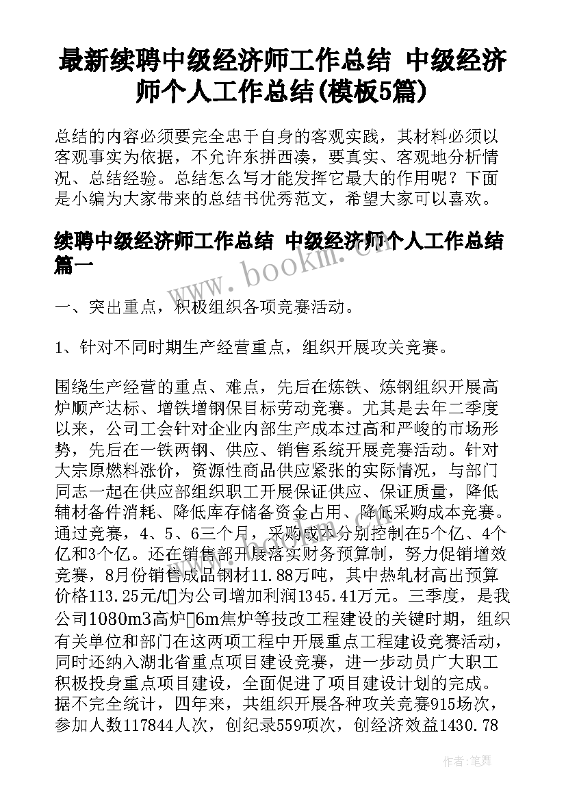 最新续聘中级经济师工作总结 中级经济师个人工作总结(模板5篇)