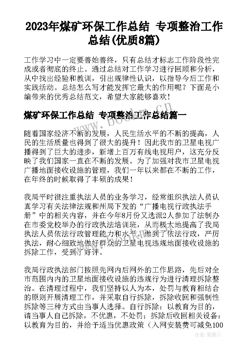 2023年煤矿环保工作总结 专项整治工作总结(优质8篇)