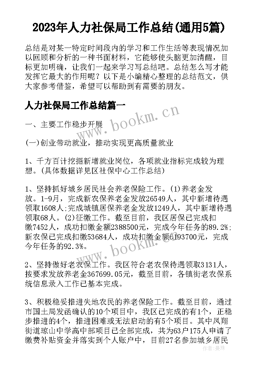 2023年人力社保局工作总结(通用5篇)