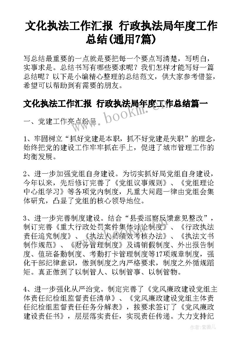 文化执法工作汇报 行政执法局年度工作总结(通用7篇)